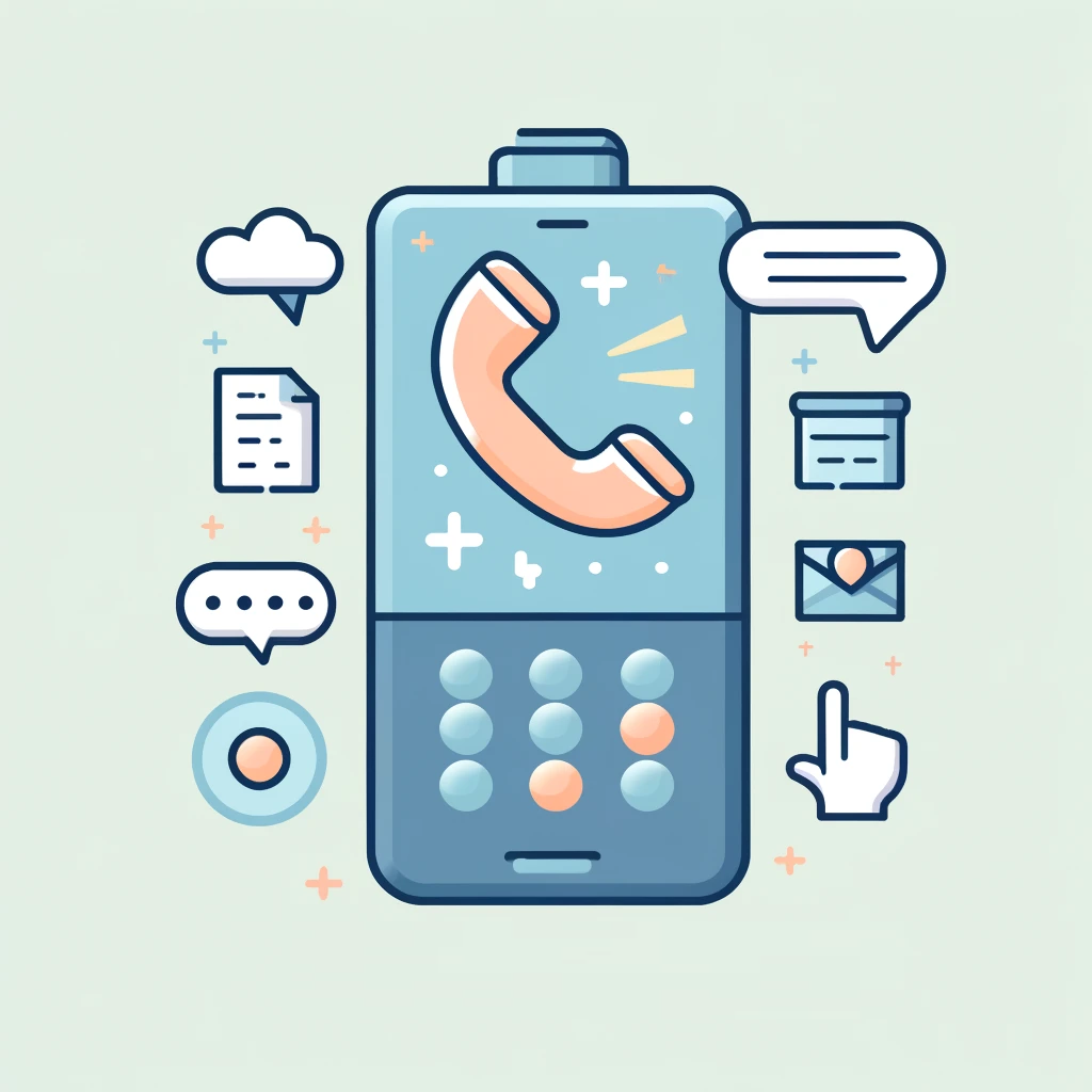 Illustrative graphic of a mobile phone with icons for a phone call, text messaging, email, and document sharing